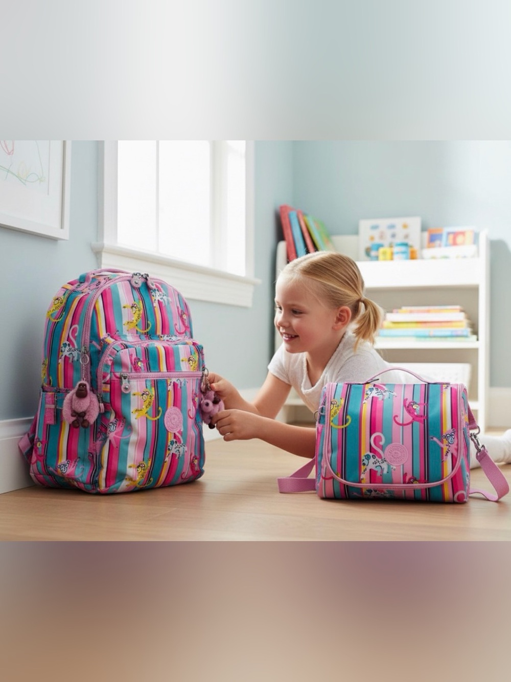 Kipling Seoul Large 15" Laptop Backpack & Kichirou Lunch Bag JUNGLE FRENZY PINK